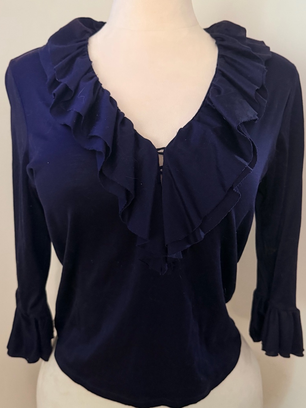 Lauren Ralph Lauren Ruffle Top M Navy Romantic Preppy Coquette 3/4 Sleeve